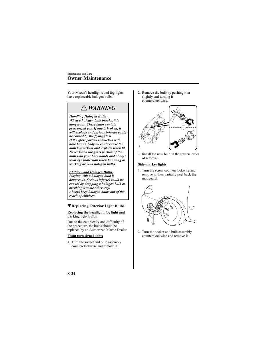 Warning, Owner maintenance | Mazda 2005 6 SPORTS SEDAN User Manual | Page 284 / 340