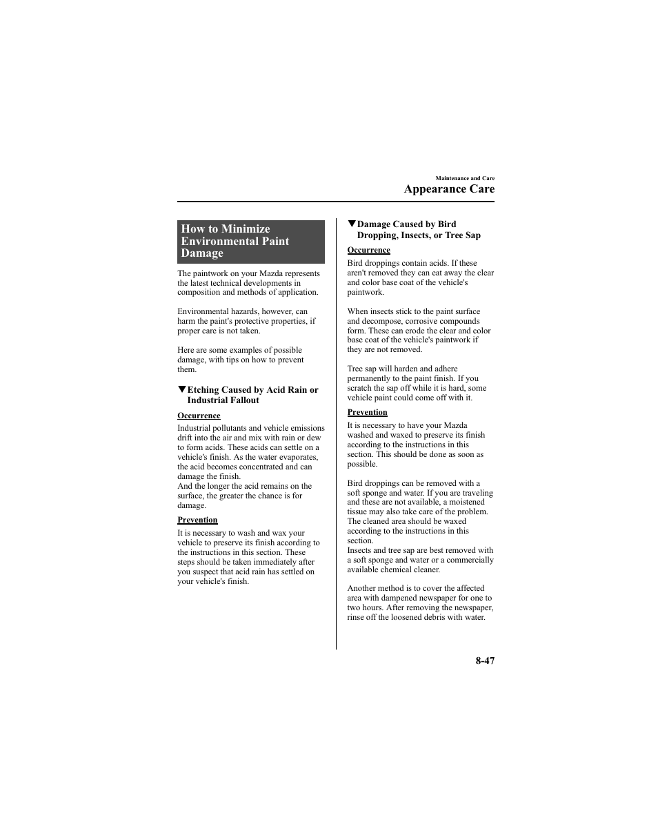 How to minimize environmental paint damage, Appearance care | Mazda 2005 6 SPORTS SEDAN User Manual | Page 297 / 340