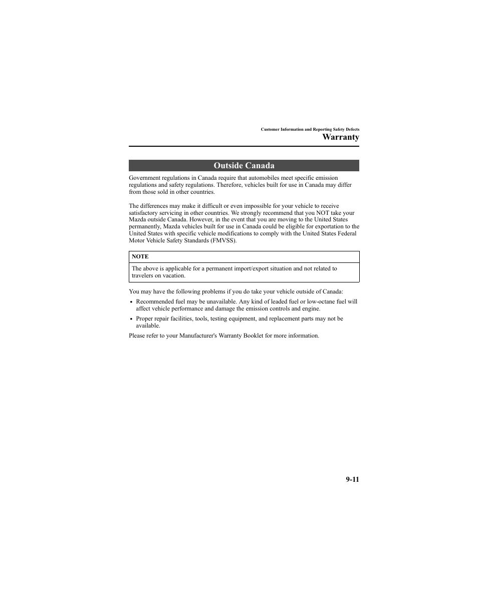 Outside canada, Warranty | Mazda 2005 6 SPORTS SEDAN User Manual | Page 315 / 340