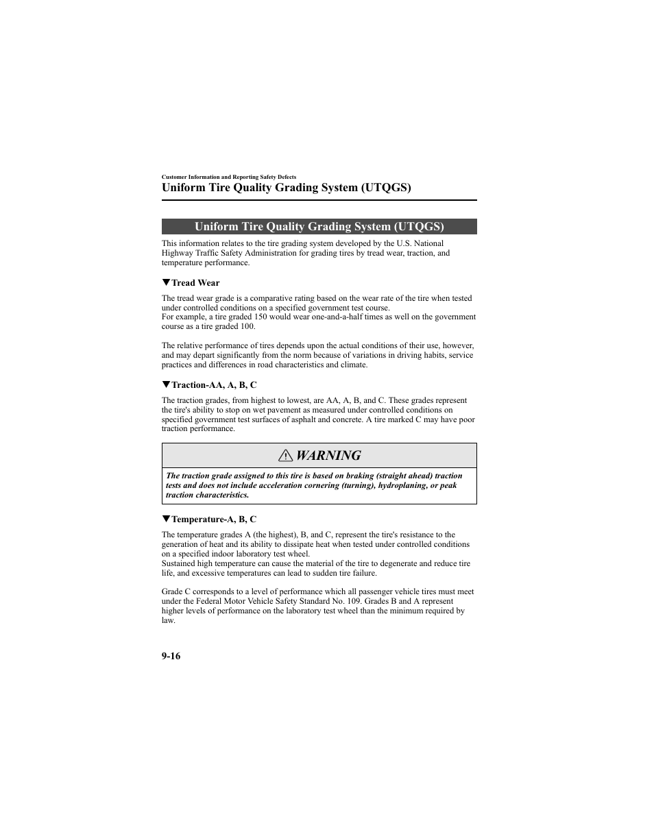 Warning, Uniform tire quality grading system (utqgs) | Mazda 2005 6 SPORTS SEDAN User Manual | Page 320 / 340