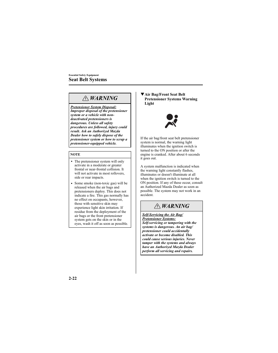 Warning, Seat belt systems | Mazda 2005 6 SPORTS SEDAN User Manual | Page 36 / 340