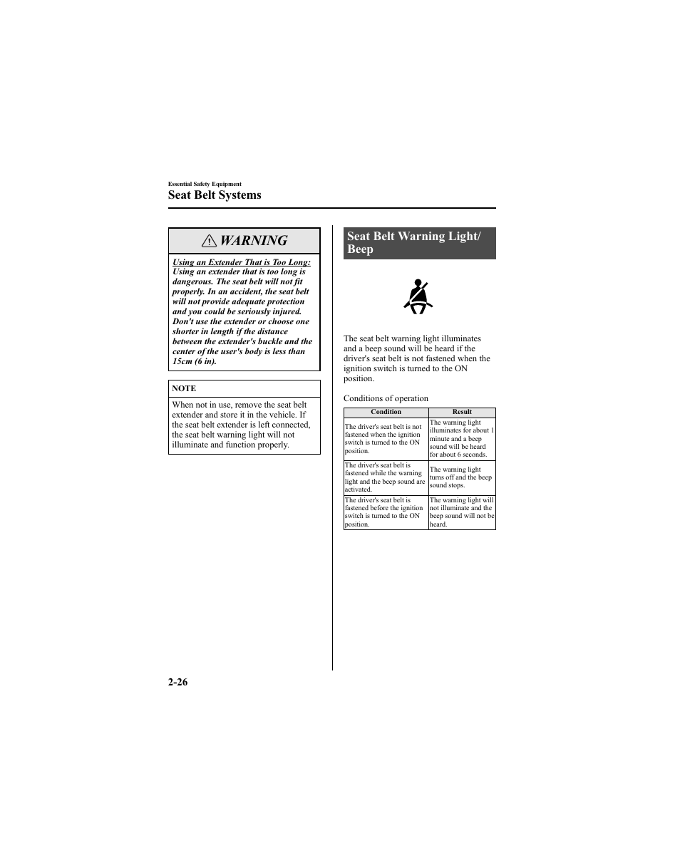 Warning, Seat belt warning light/ beep, Seat belt systems | Mazda 2005 6 SPORTS SEDAN User Manual | Page 40 / 340