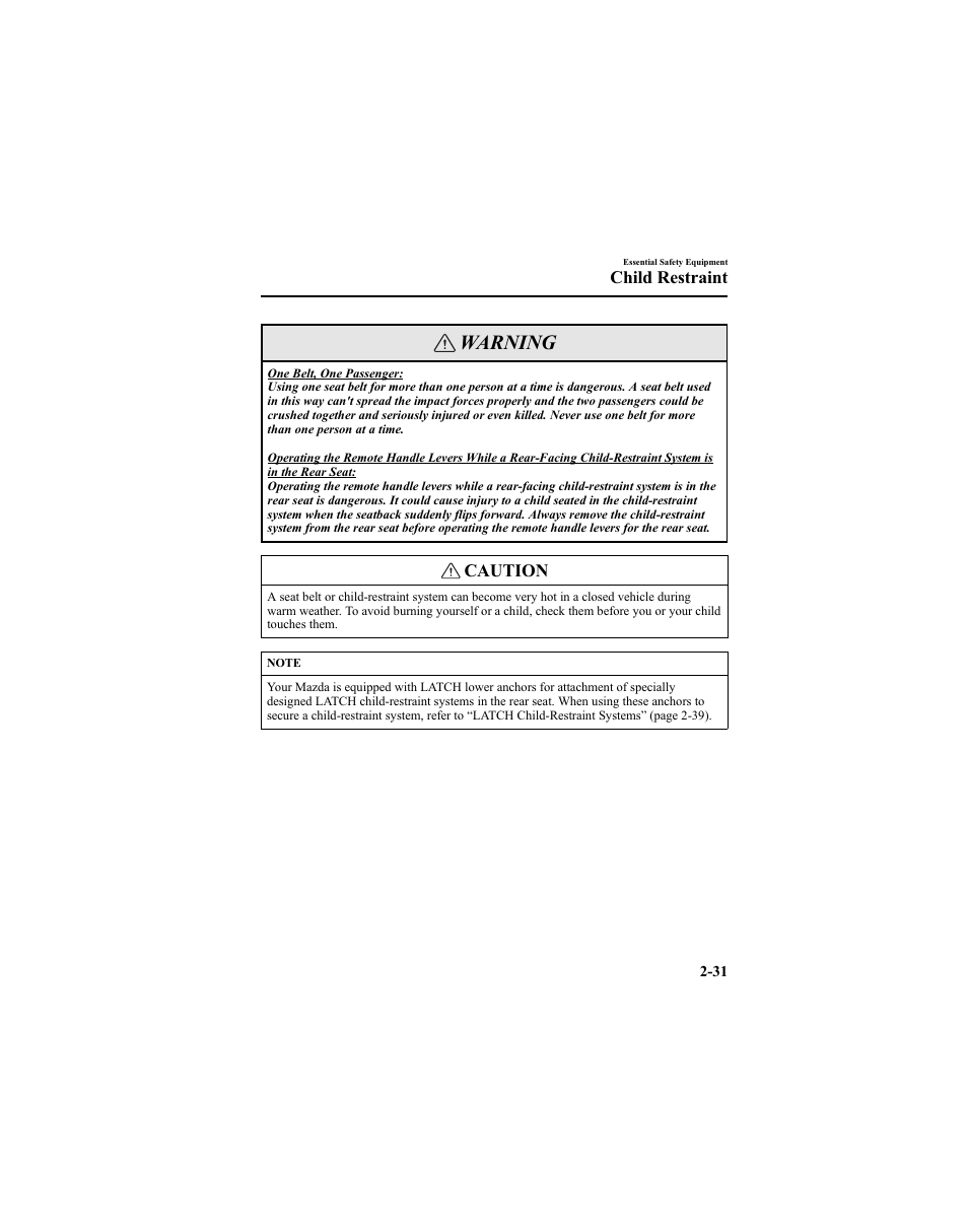 Warning, Caution, Child restraint | Mazda 2005 6 SPORTS SEDAN User Manual | Page 45 / 340