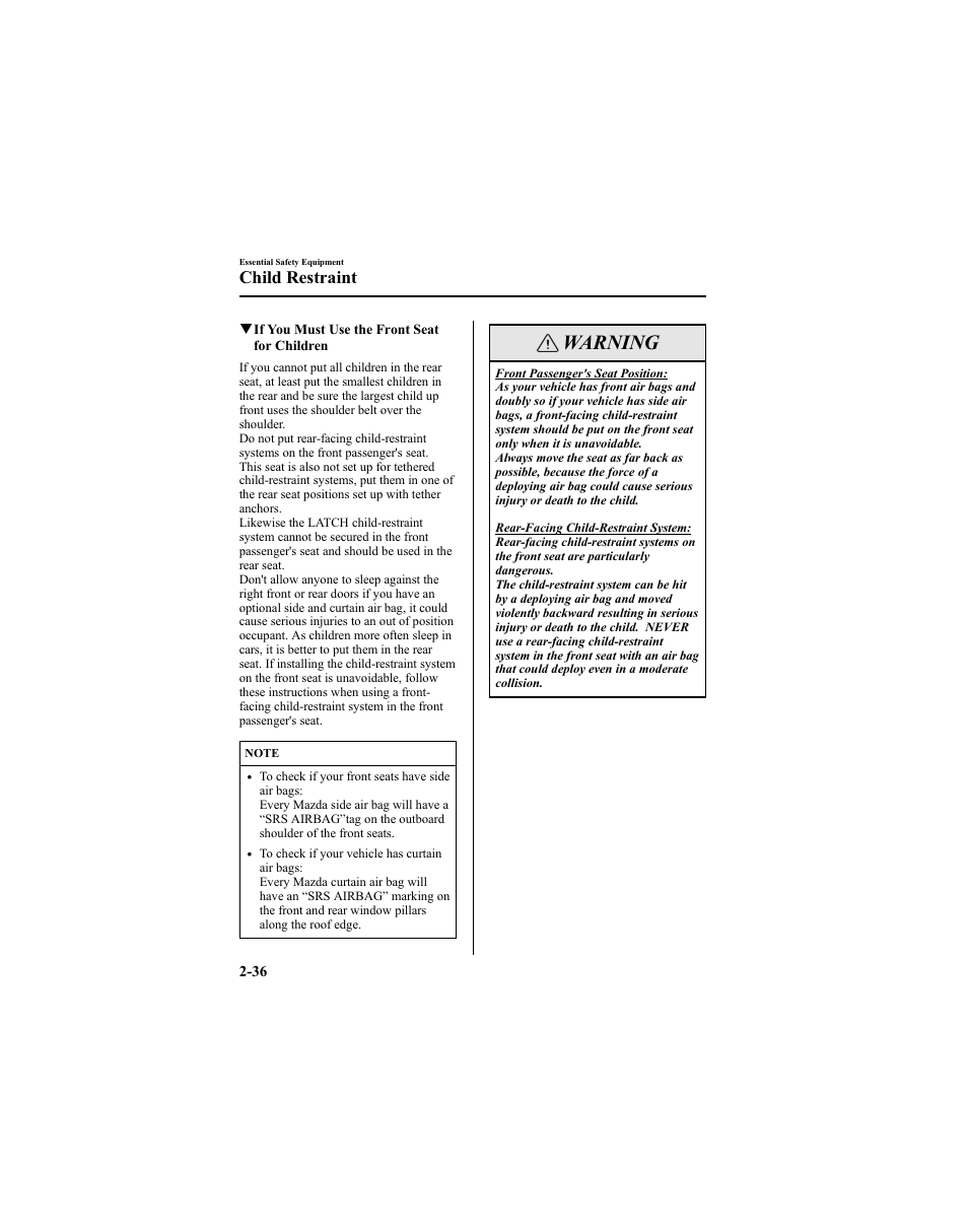 Warning, Child restraint | Mazda 2005 6 SPORTS SEDAN User Manual | Page 50 / 340