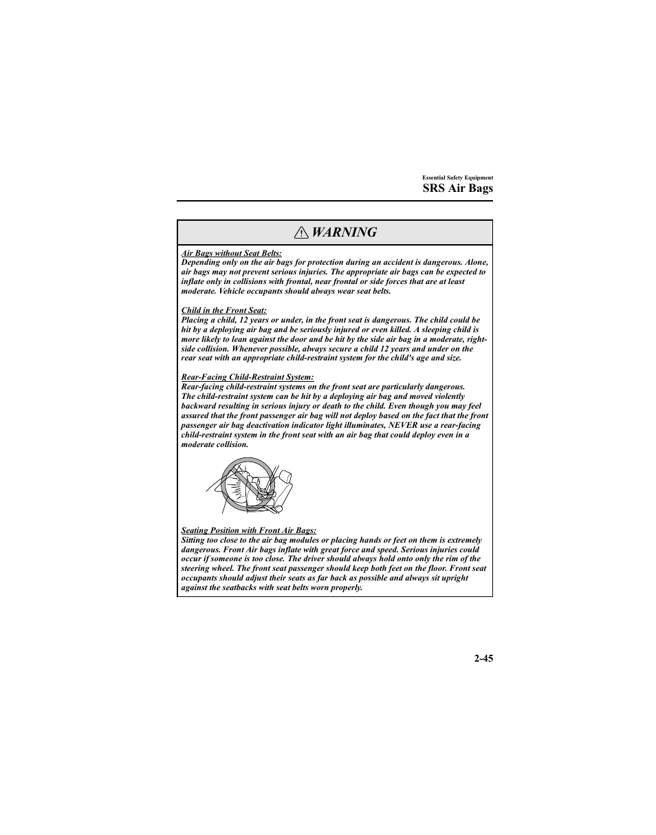 Warning, Srs air bags | Mazda 2005 6 SPORTS SEDAN User Manual | Page 59 / 340