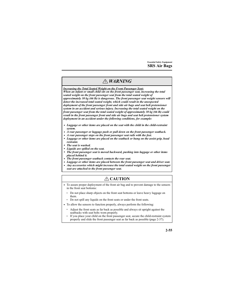 Warning, Caution, Srs air bags | Mazda 2005 6 SPORTS SEDAN User Manual | Page 69 / 340