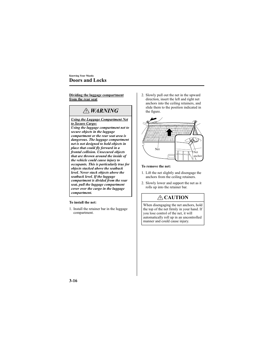 Warning, Caution, Doors and locks | Mazda 2005 6 SPORTS SEDAN User Manual | Page 92 / 340