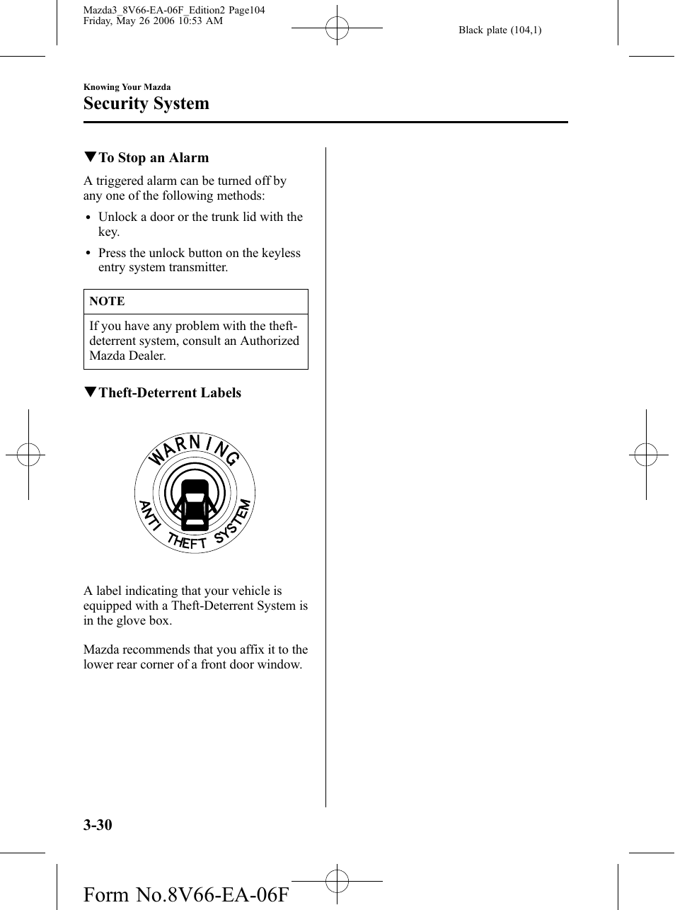 Security system | Mazda 2007 3 4-DOOR User Manual | Page 105 / 459