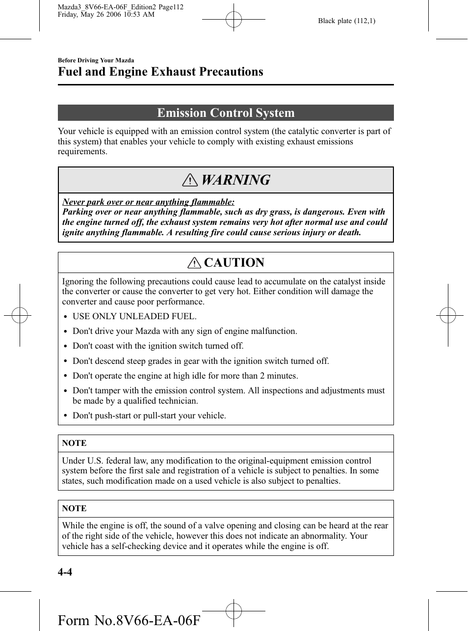 Emission control system, Emission control system -4, Warning | Caution, Fuel and engine exhaust precautions | Mazda 2007 3 4-DOOR User Manual | Page 113 / 459