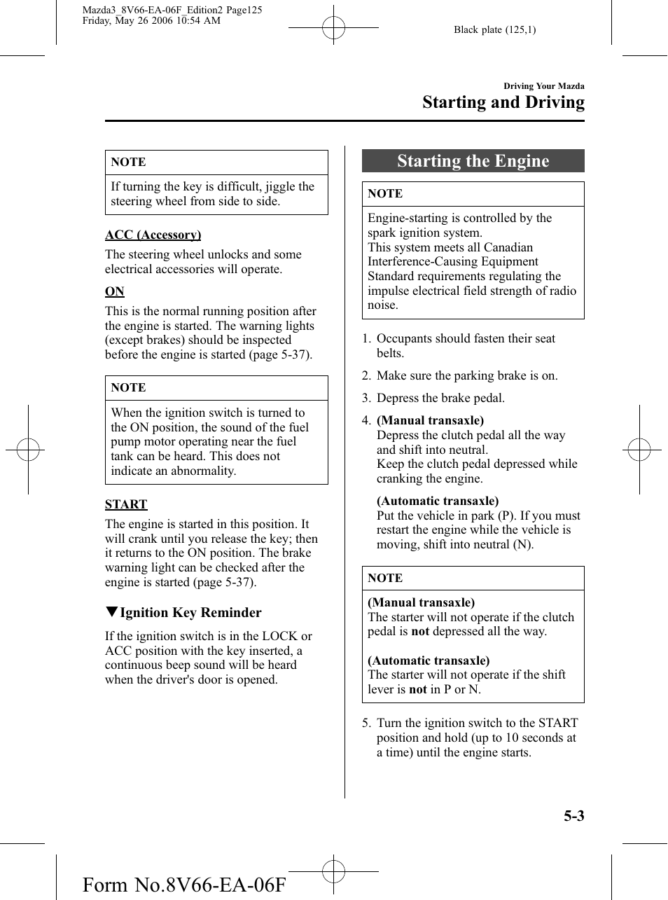 Starting the engine, Starting the engine -3, Starting and driving | Mazda 2007 3 4-DOOR User Manual | Page 126 / 459