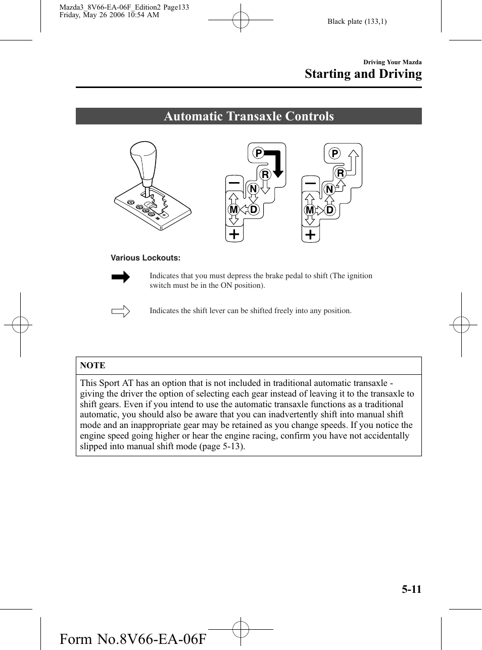 Automatic transaxle controls, Automatic transaxle controls -11, Starting and driving | Mazda 2007 3 4-DOOR User Manual | Page 134 / 459