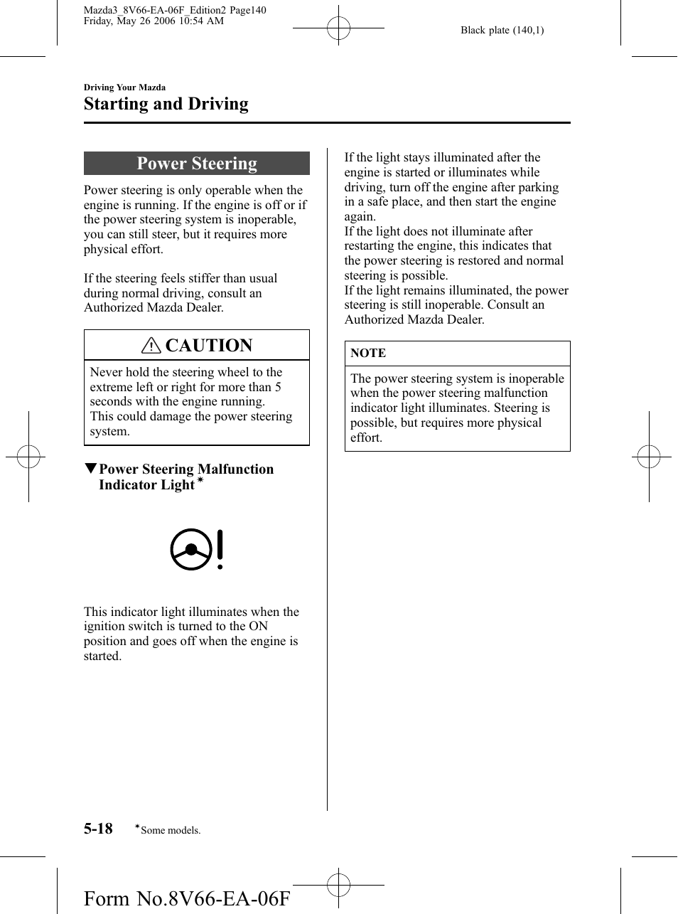 Power steering, Power steering -18, Caution | Starting and driving | Mazda 2007 3 4-DOOR User Manual | Page 141 / 459