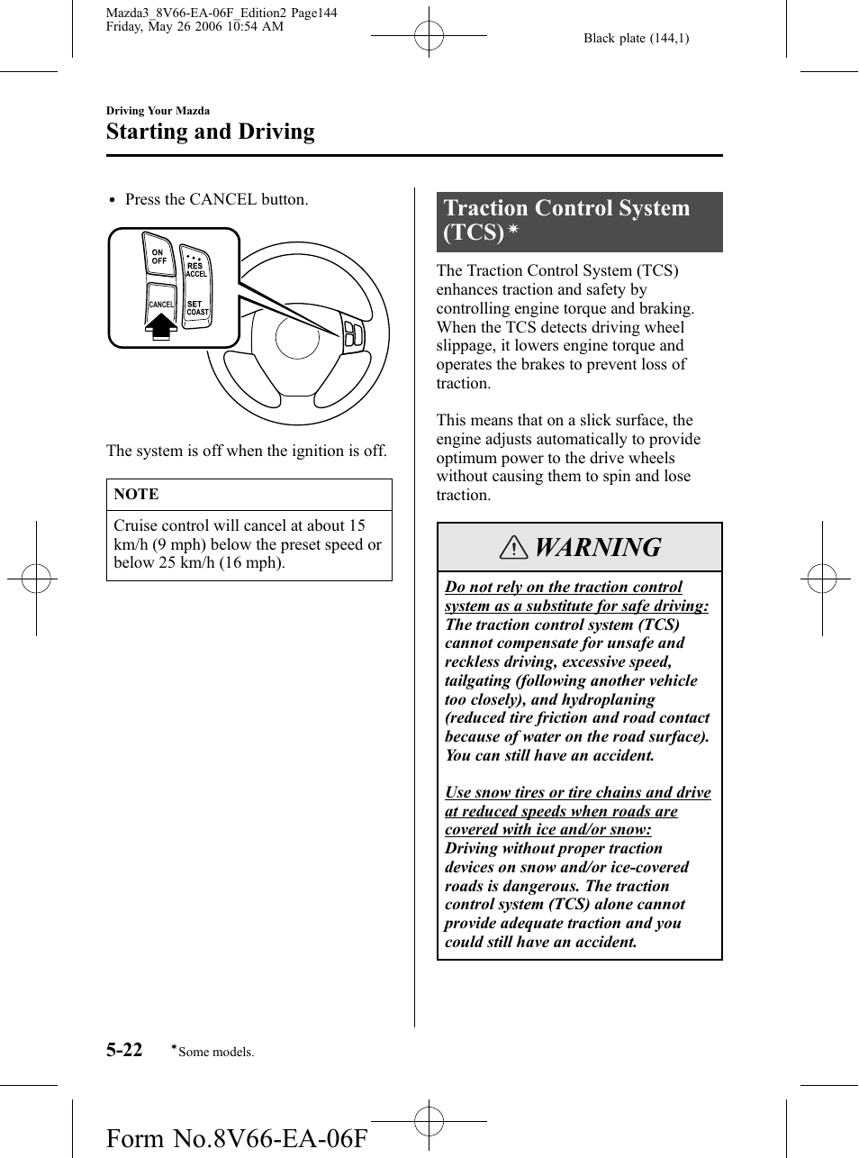 Traction control system (tcs), Warning, Starting and driving | Mazda 2007 3 4-DOOR User Manual | Page 145 / 459