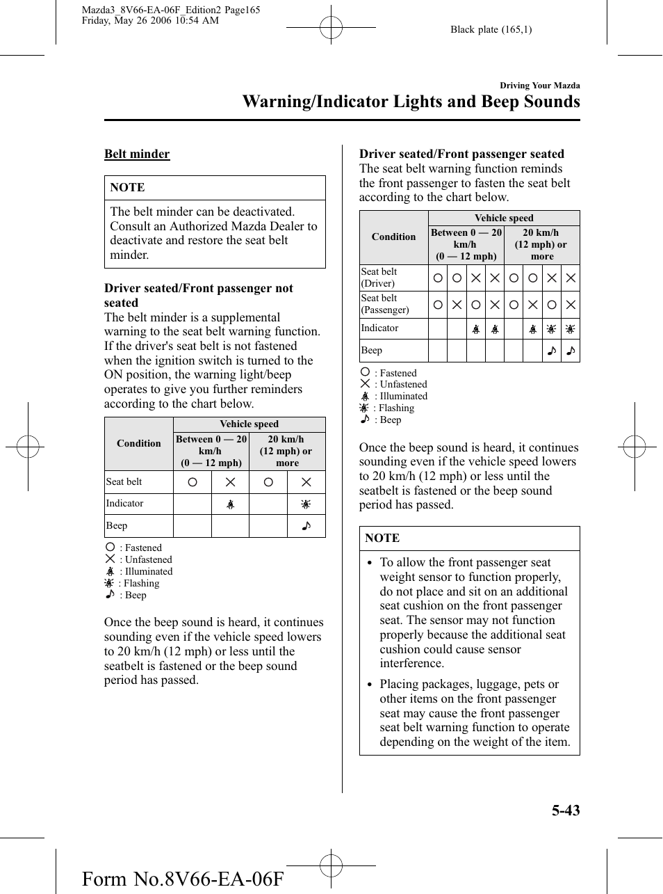 Warning/indicator lights and beep sounds | Mazda 2007 3 4-DOOR User Manual | Page 166 / 459