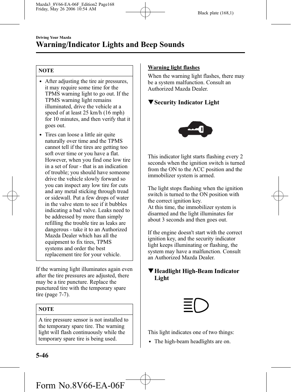 Warning/indicator lights and beep sounds | Mazda 2007 3 4-DOOR User Manual | Page 169 / 459