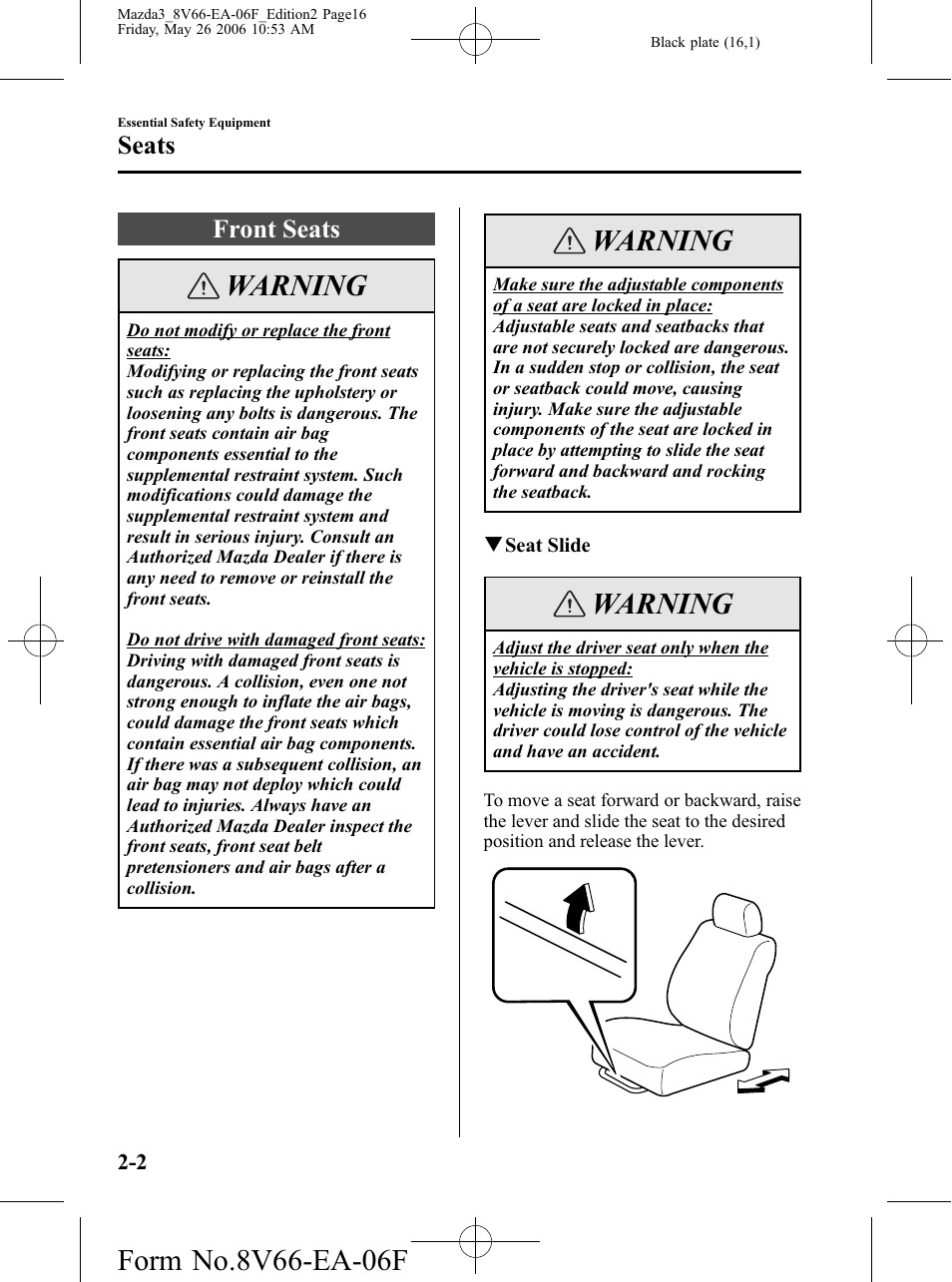 Seats, Front seats, Seats -2 | Front seats -2, Warning | Mazda 2007 3 4-DOOR User Manual | Page 17 / 459