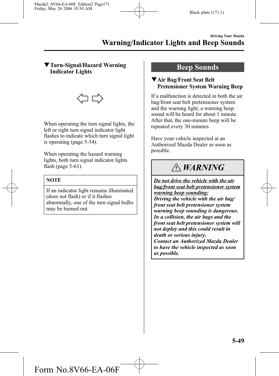 Beep sounds, Beep sounds -49, Warning | Warning/indicator lights and beep sounds | Mazda 2007 3 4-DOOR User Manual | Page 172 / 459