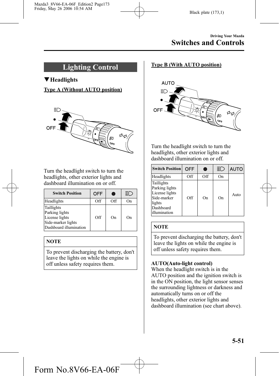 Switches and controls, Lighting control, Switches and controls -51 | Lighting control -51 | Mazda 2007 3 4-DOOR User Manual | Page 174 / 459