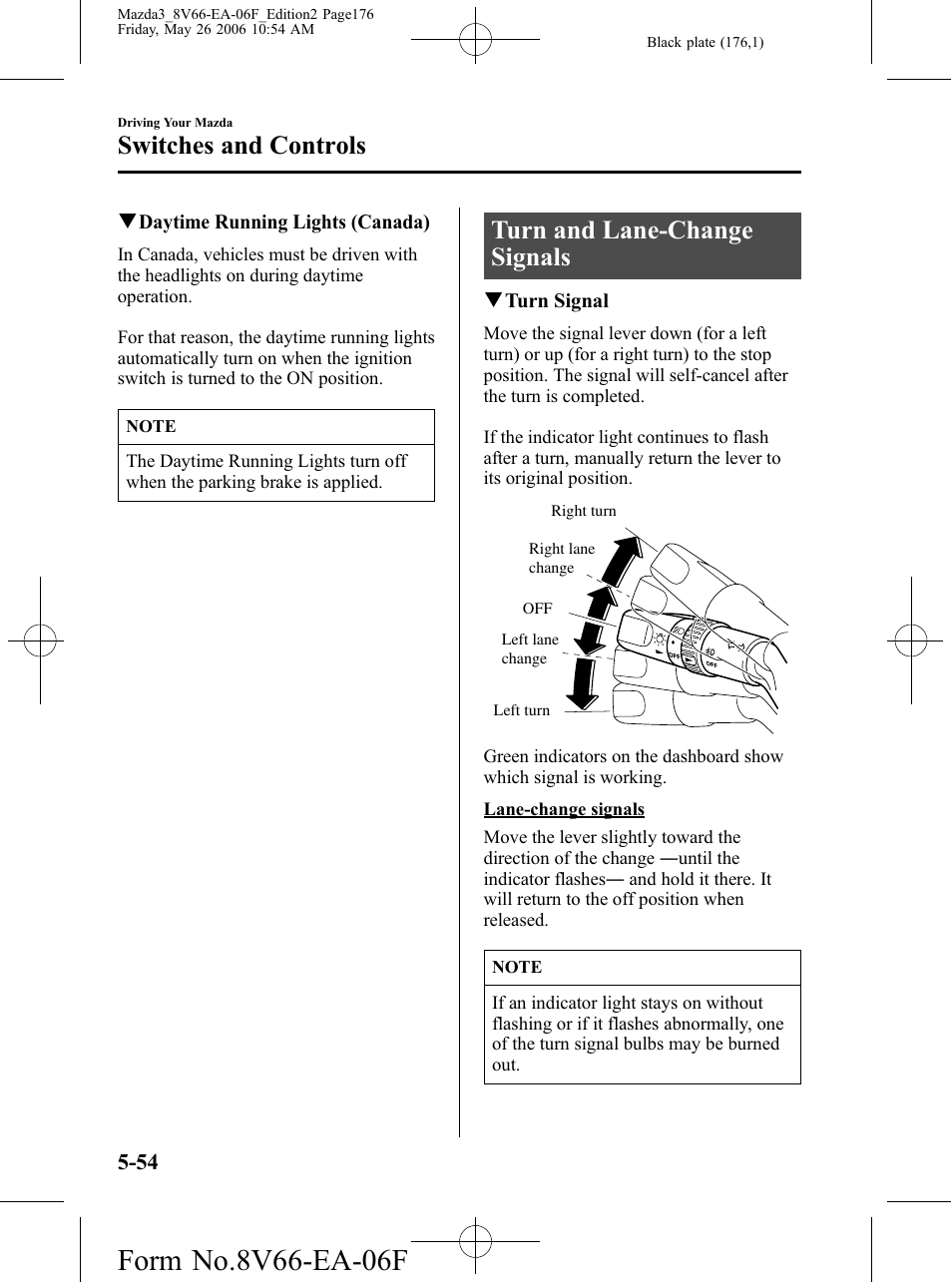 Turn and lane-change signals, Turn and lane-change signals -54, Switches and controls | Mazda 2007 3 4-DOOR User Manual | Page 177 / 459