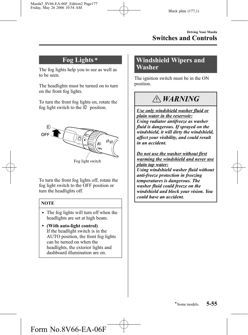 Fog lights, Windshield wipers and washer, Windshield wipers and washer -55 | Warning, Switches and controls | Mazda 2007 3 4-DOOR User Manual | Page 178 / 459