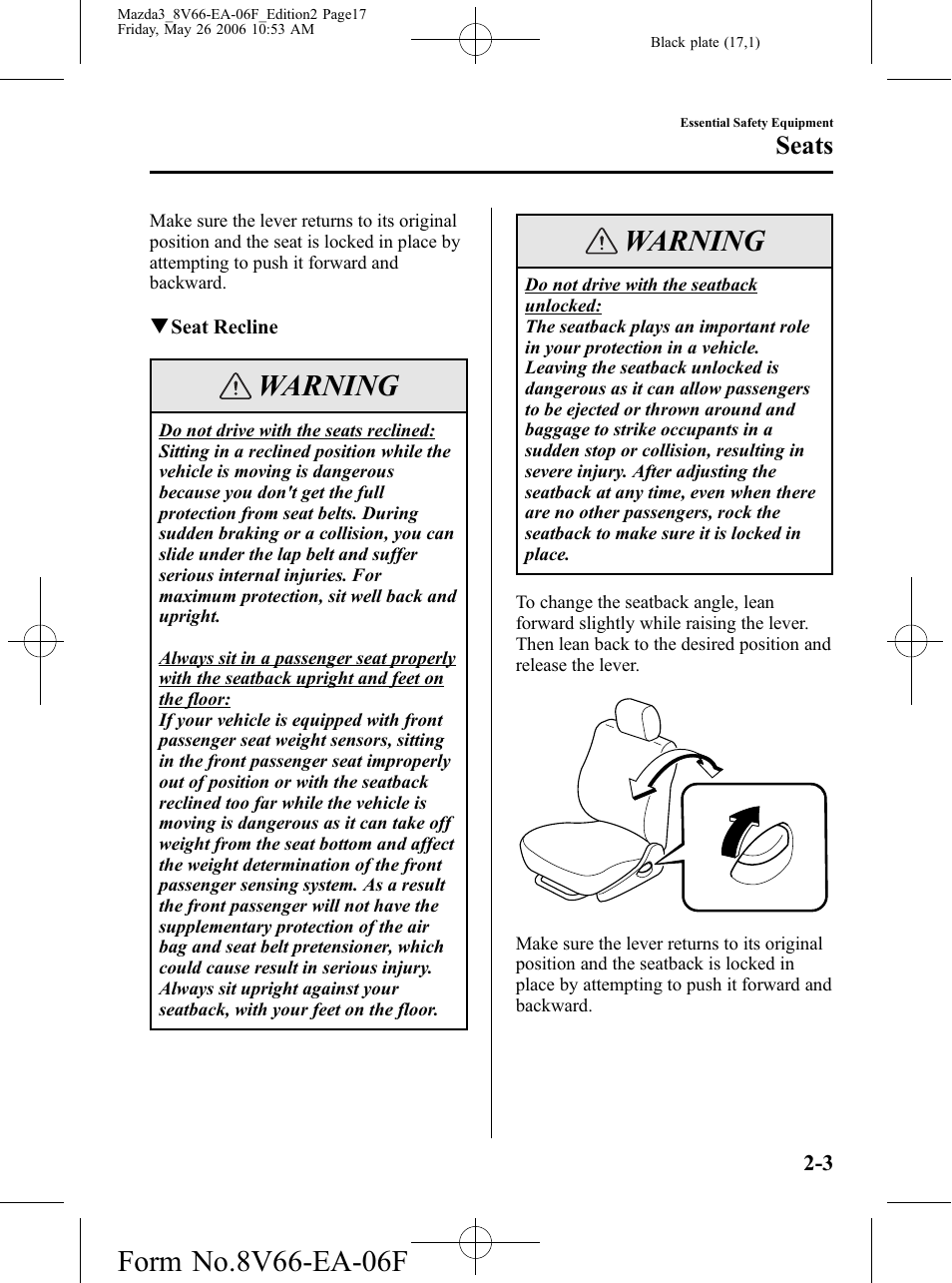 Warning, Seats | Mazda 2007 3 4-DOOR User Manual | Page 18 / 459