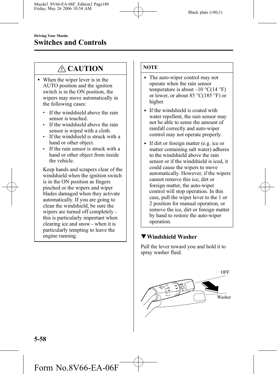 Caution, Switches and controls, Qwindshield washer | Mazda 2007 3 4-DOOR User Manual | Page 181 / 459