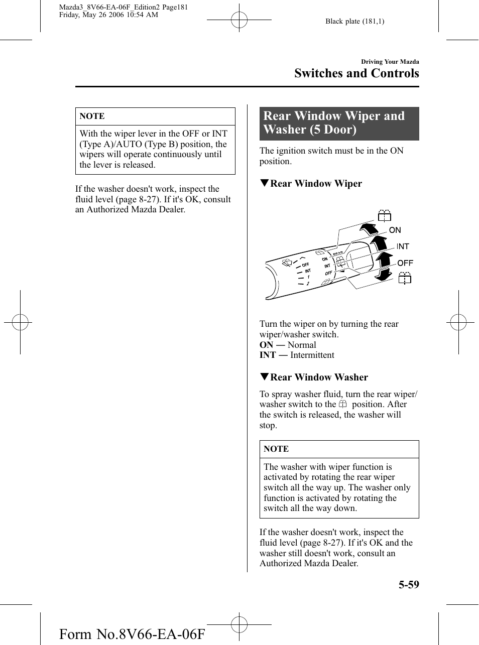 Rear window wiper and washer (5 door), Rear window wiper and washer (5 door) -59, Switches and controls | Mazda 2007 3 4-DOOR User Manual | Page 182 / 459