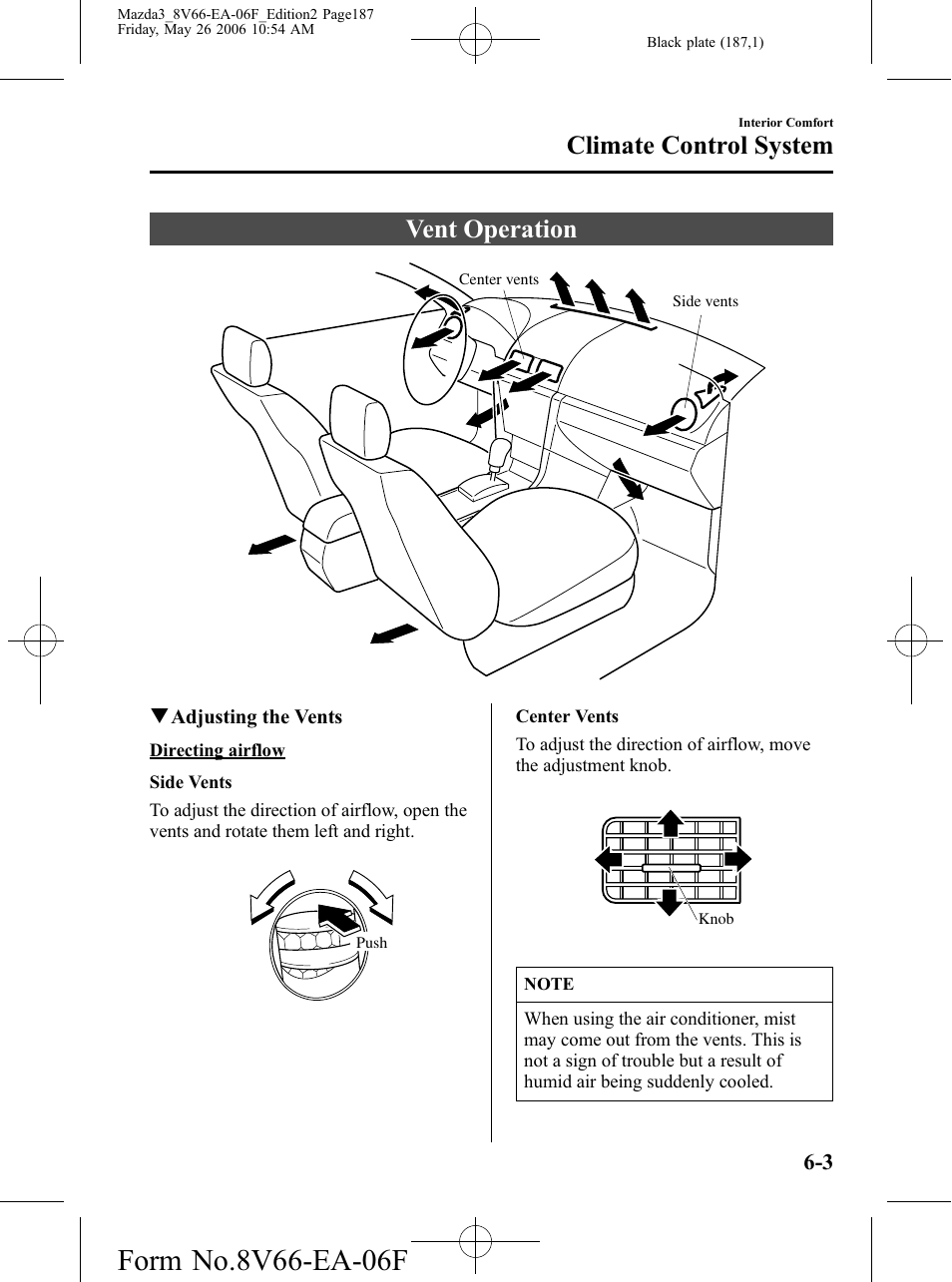 Vent operation, Vent operation -3, Climate control system | Mazda 2007 3 4-DOOR User Manual | Page 188 / 459