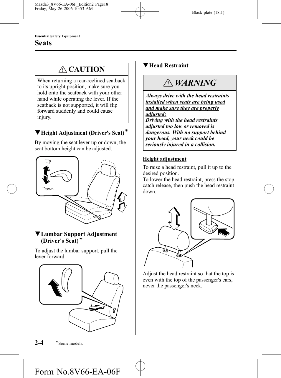 Warning, Caution, Seats | Mazda 2007 3 4-DOOR User Manual | Page 19 / 459