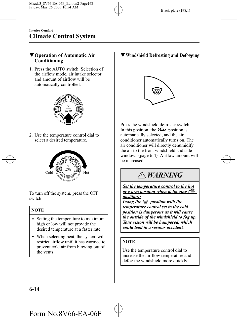 Warning, Climate control system | Mazda 2007 3 4-DOOR User Manual | Page 199 / 459