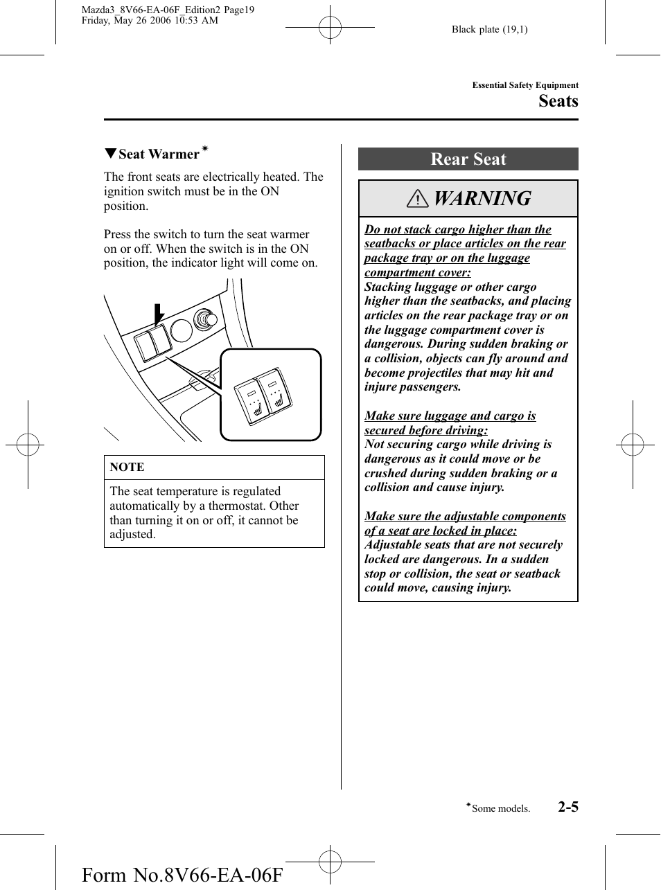 Rear seat, Rear seat -5, Warning | Seats | Mazda 2007 3 4-DOOR User Manual | Page 20 / 459