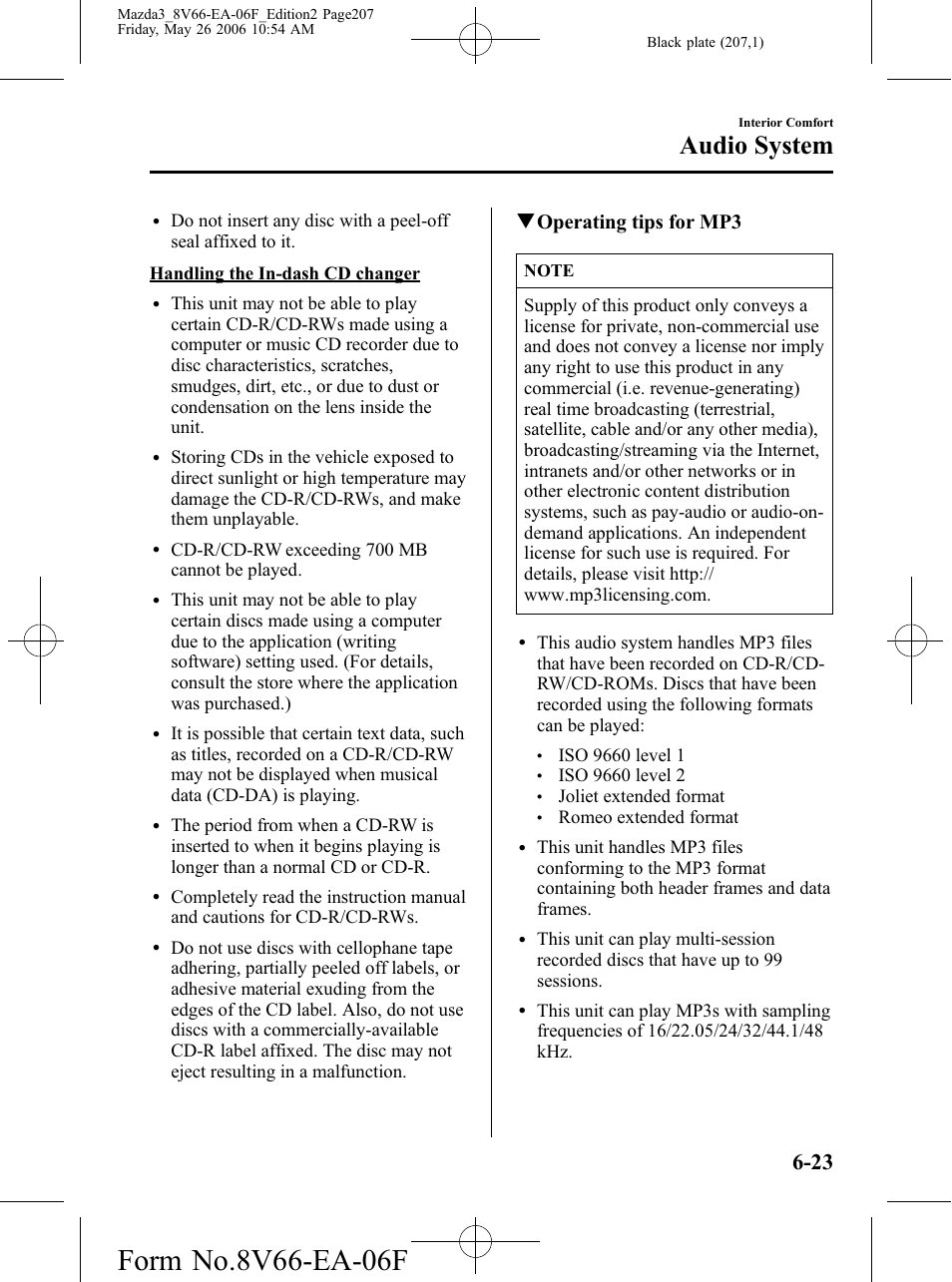 Audio system, Qoperating tips for mp3 | Mazda 2007 3 4-DOOR User Manual | Page 208 / 459