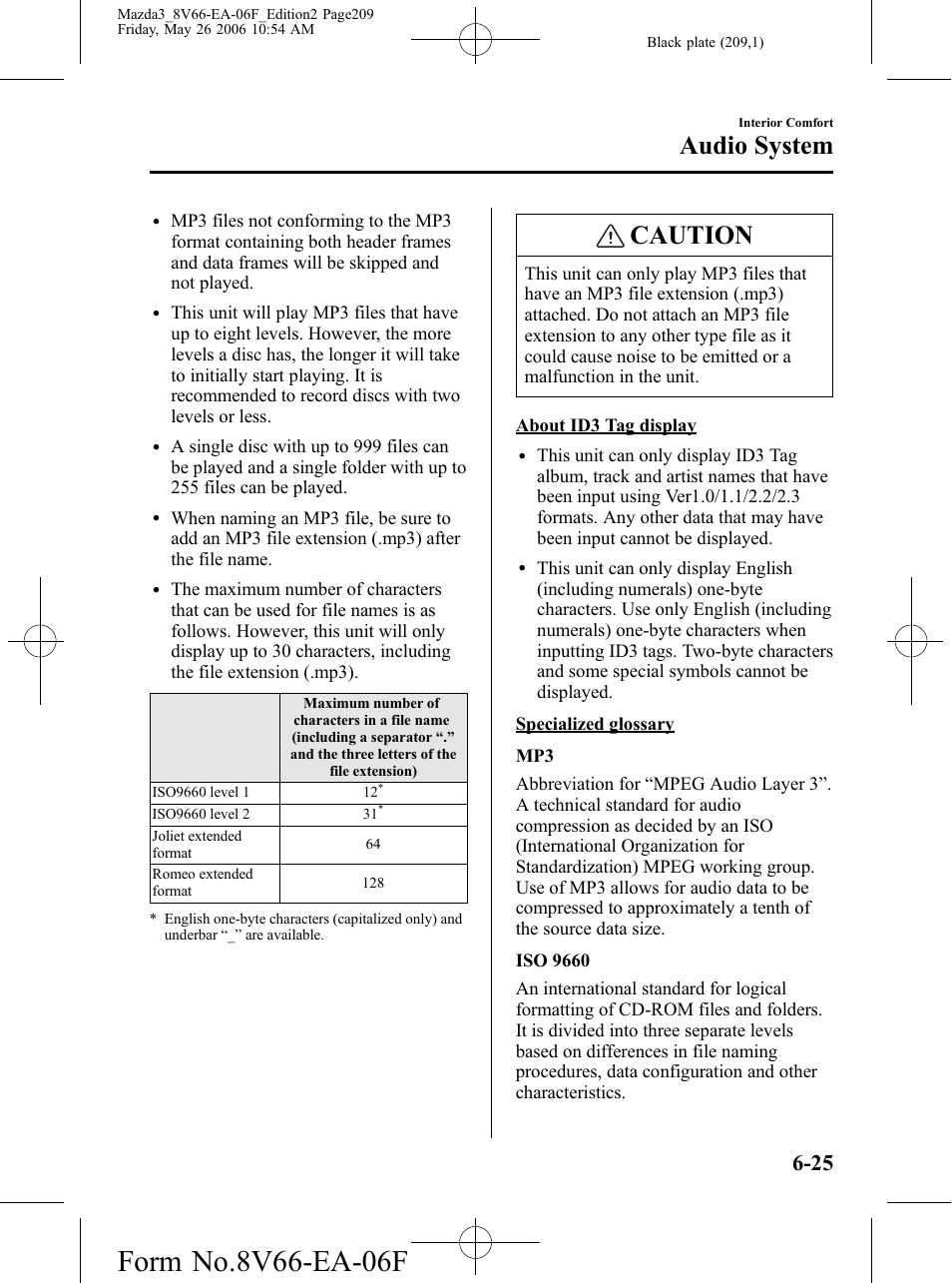 Caution, Audio system | Mazda 2007 3 4-DOOR User Manual | Page 210 / 459