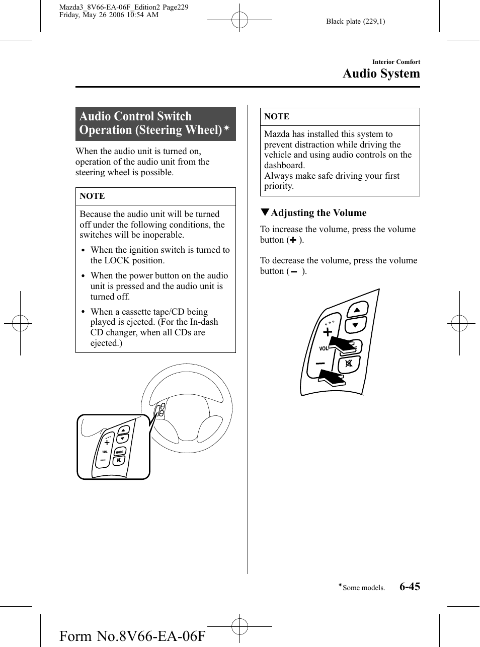 Audio control switch operation (steering wheel), Audio system | Mazda 2007 3 4-DOOR User Manual | Page 230 / 459