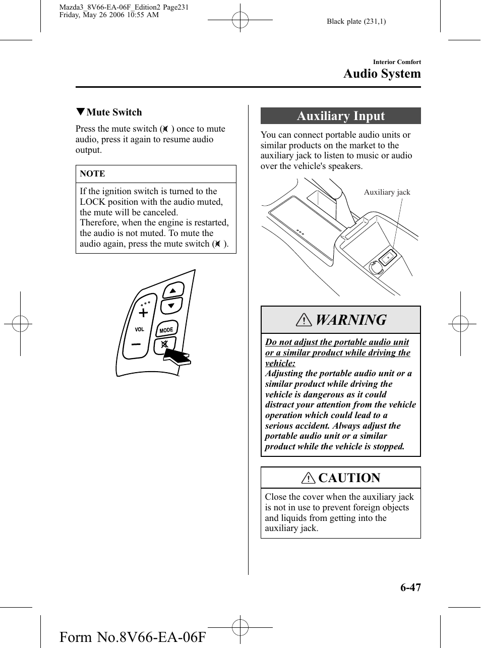 Auxiliary input, Auxiliary input -47, Warning | Caution, Audio system | Mazda 2007 3 4-DOOR User Manual | Page 232 / 459