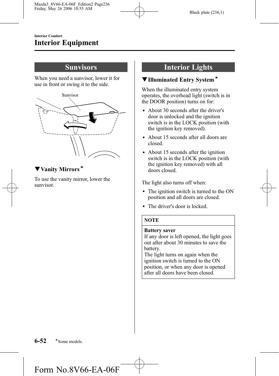 Interior equipment, Sunvisors, Interior lights | Interior equipment -52, Sunvisors -52 interior lights -52 | Mazda 2007 3 4-DOOR User Manual | Page 237 / 459
