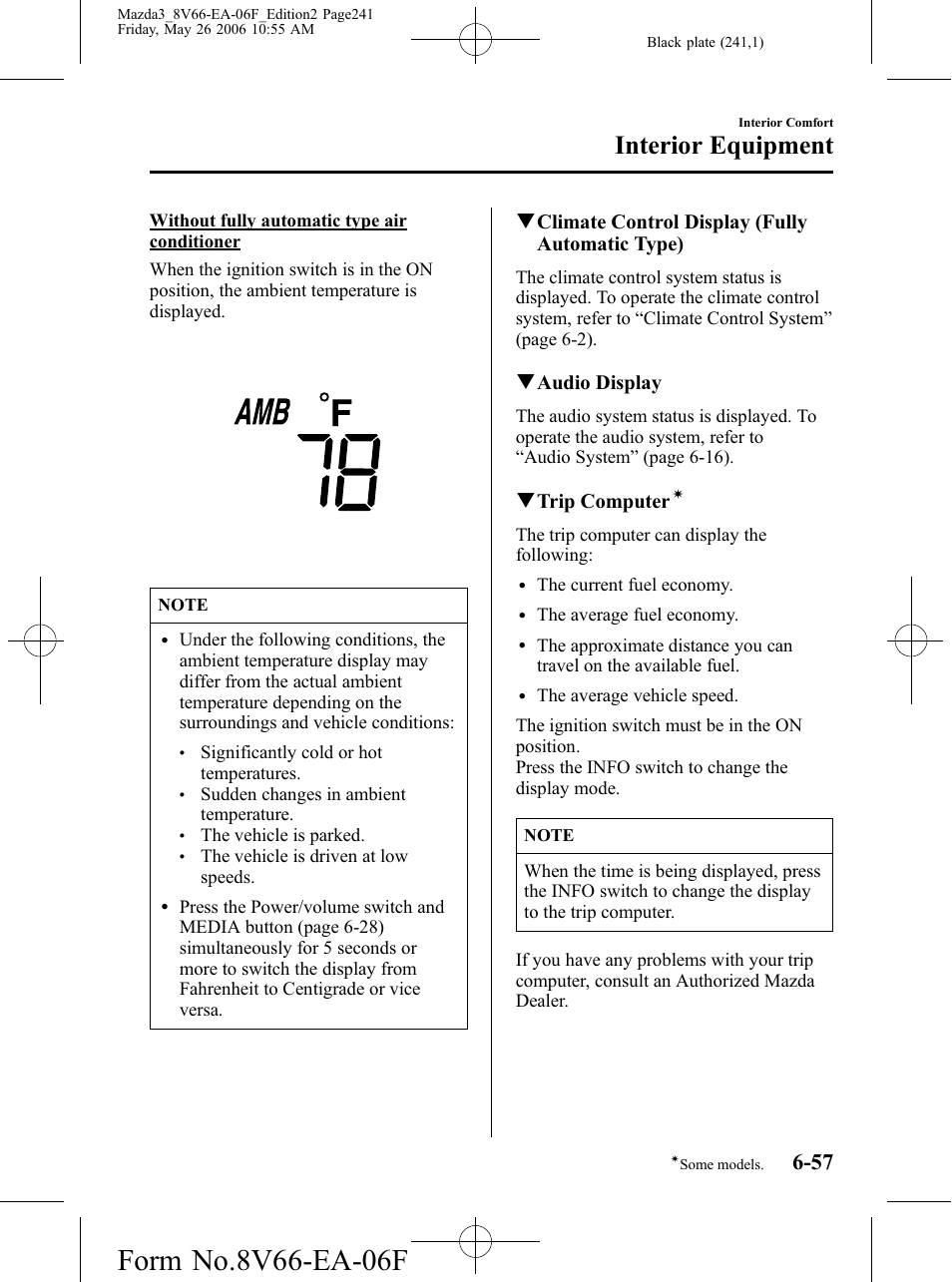 Interior equipment, Qclimate control display (fully automatic type), Qaudio display | Qtrip computer | Mazda 2007 3 4-DOOR User Manual | Page 242 / 459