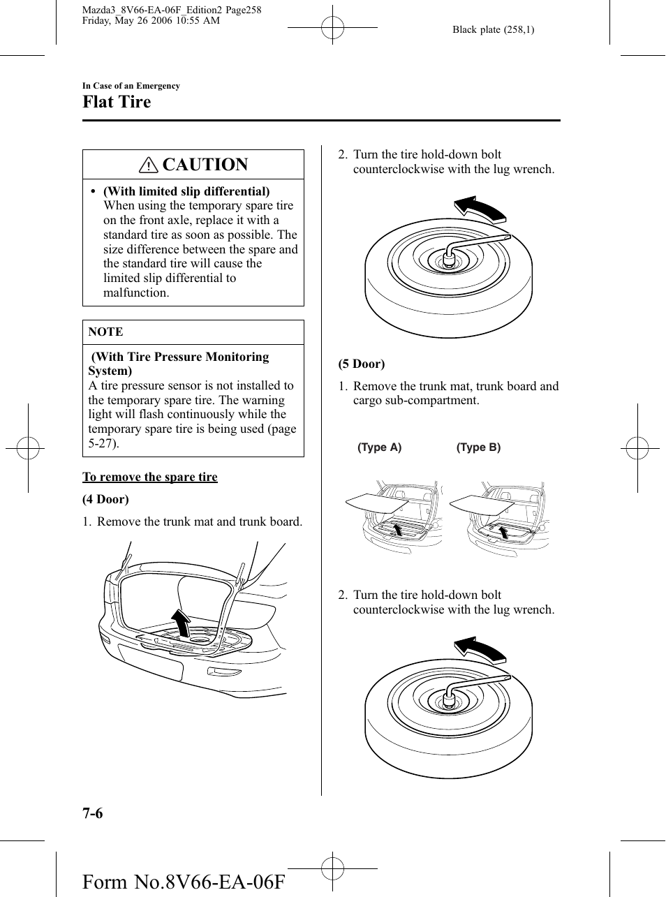 Caution, Flat tire | Mazda 2007 3 4-DOOR User Manual | Page 259 / 459