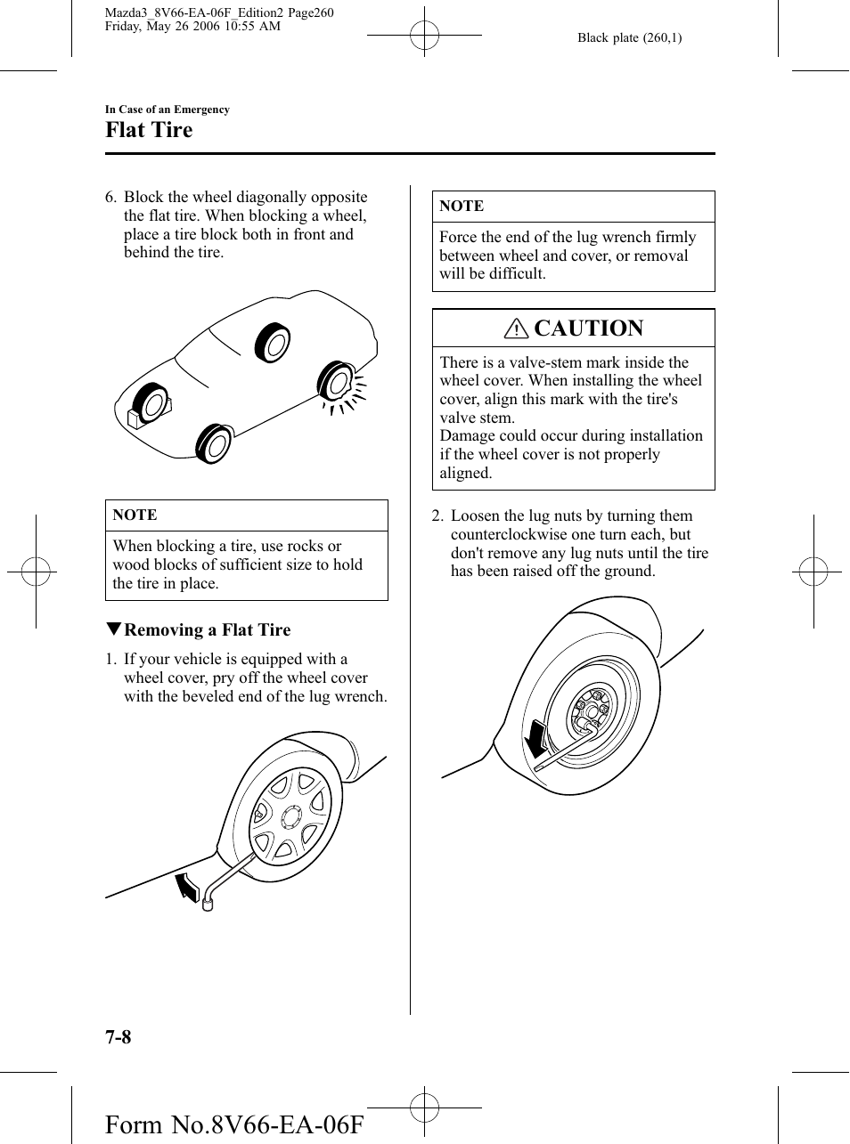 Caution, Flat tire | Mazda 2007 3 4-DOOR User Manual | Page 261 / 459