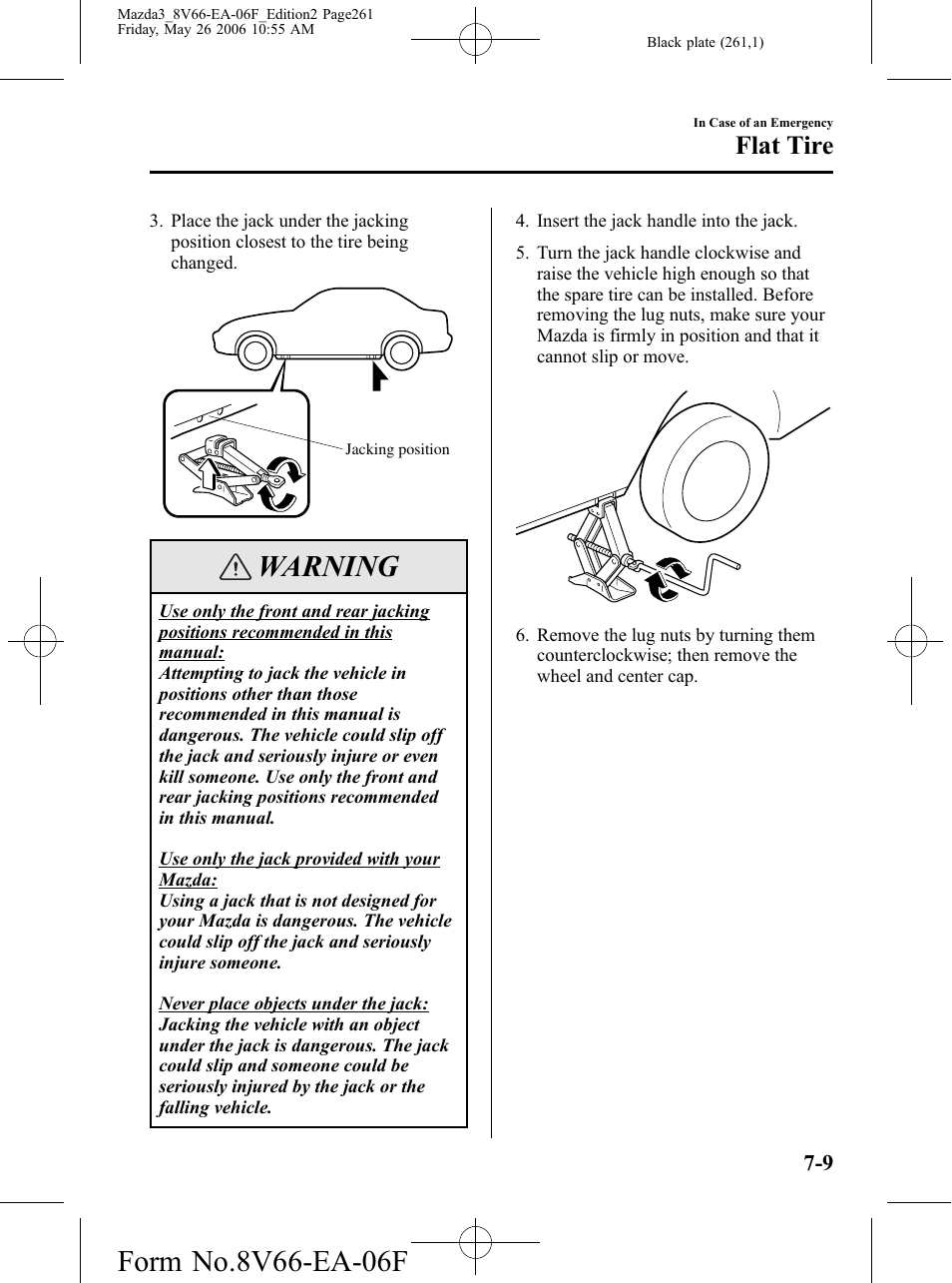 Warning, Flat tire | Mazda 2007 3 4-DOOR User Manual | Page 262 / 459