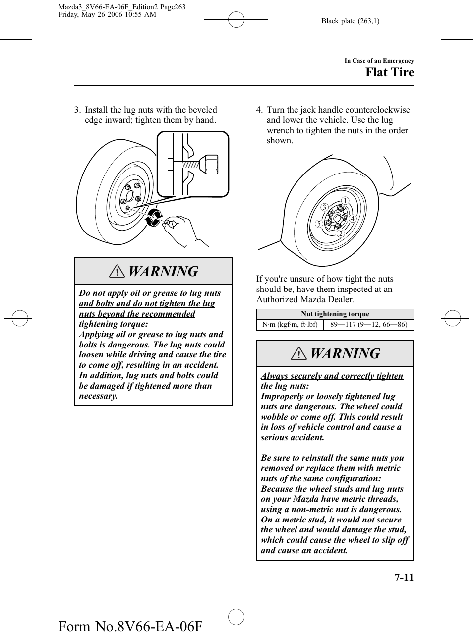 Warning, Flat tire | Mazda 2007 3 4-DOOR User Manual | Page 264 / 459