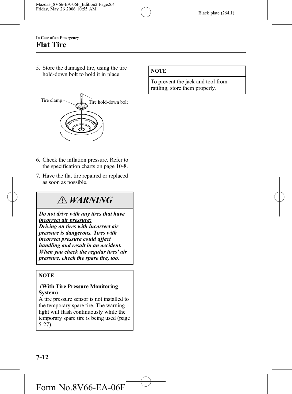 Warning, Flat tire | Mazda 2007 3 4-DOOR User Manual | Page 265 / 459