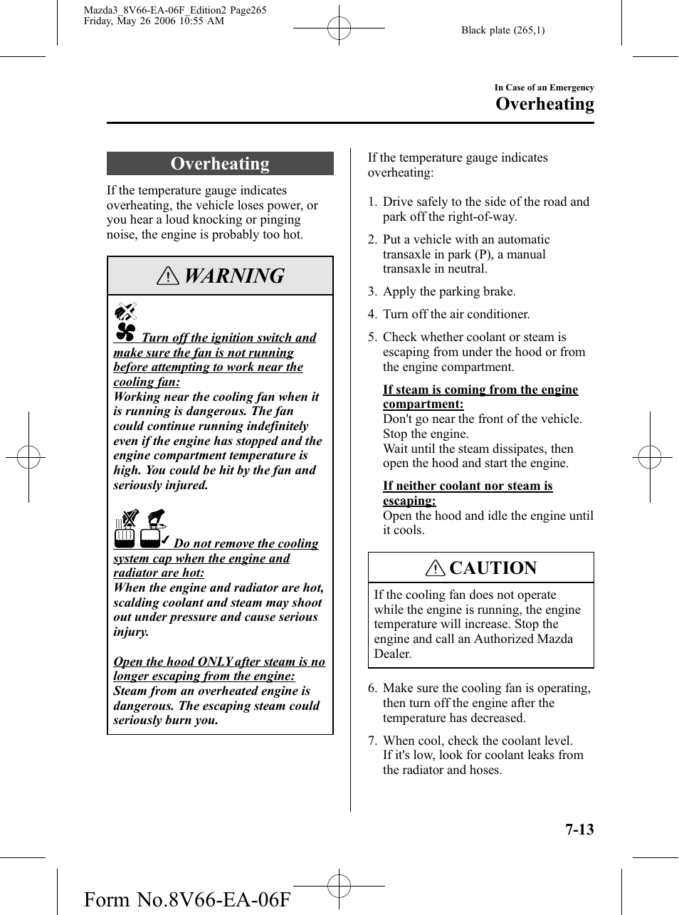 Overheating, Overheating -13, Warning | Caution | Mazda 2007 3 4-DOOR User Manual | Page 266 / 459