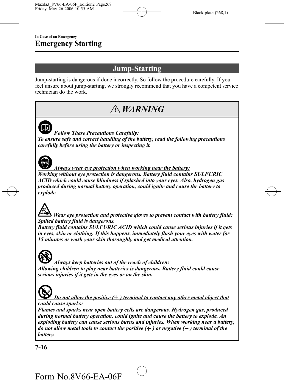 Jump-starting, Jump-starting -16, Warning | Emergency starting | Mazda 2007 3 4-DOOR User Manual | Page 269 / 459