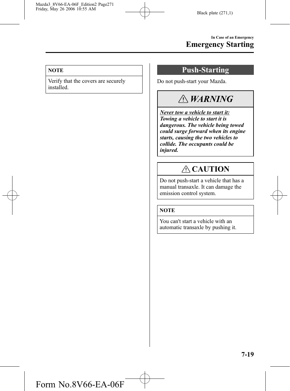 Push-starting, Push-starting -19, Warning | Caution, Emergency starting | Mazda 2007 3 4-DOOR User Manual | Page 272 / 459