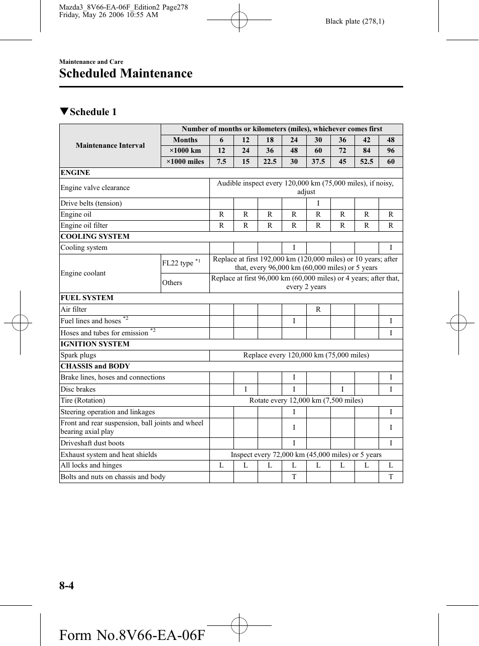 Scheduled maintenance, Qschedule 1 | Mazda 2007 3 4-DOOR User Manual | Page 279 / 459