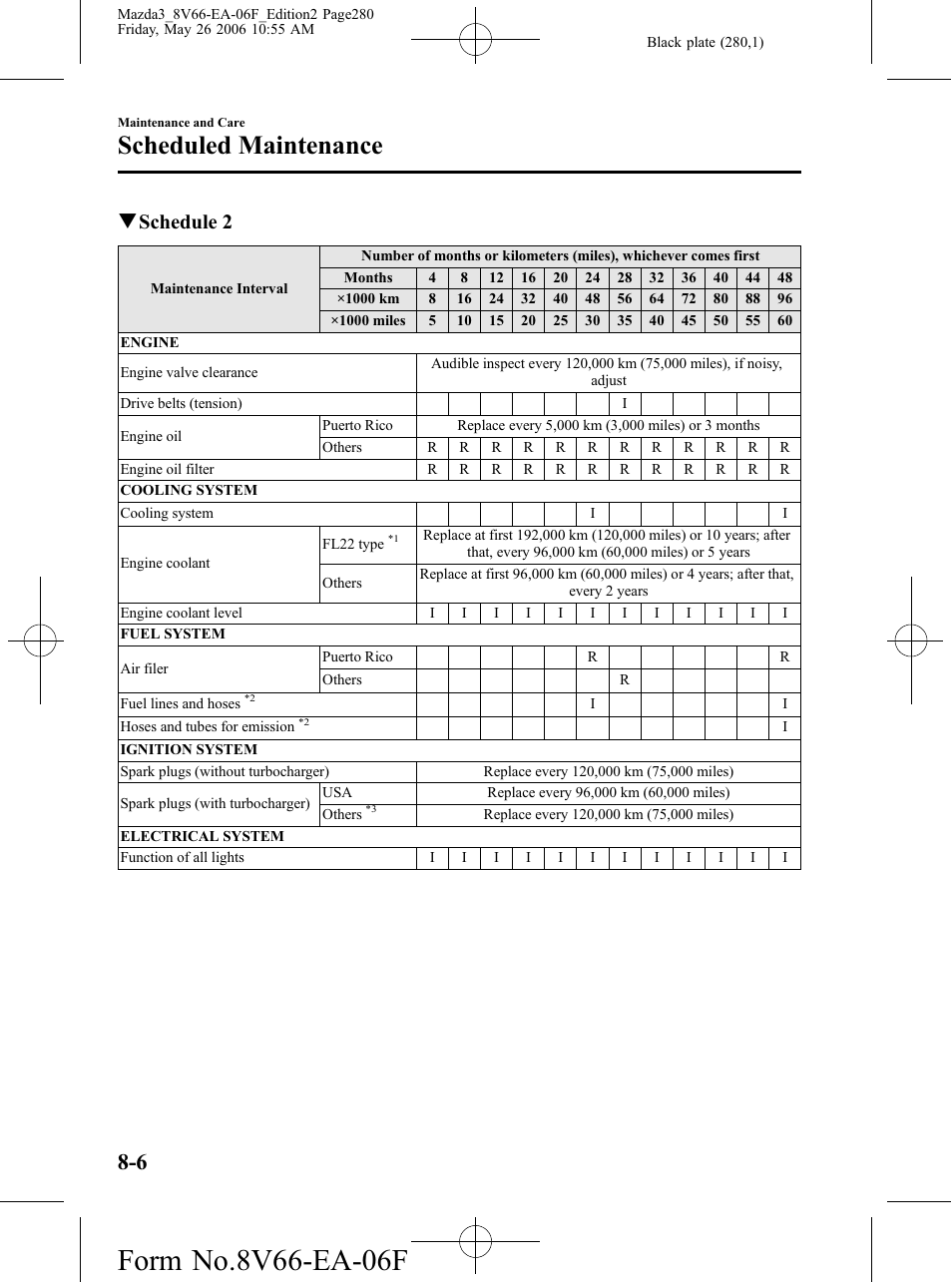 Scheduled maintenance, Qschedule 2 | Mazda 2007 3 4-DOOR User Manual | Page 281 / 459