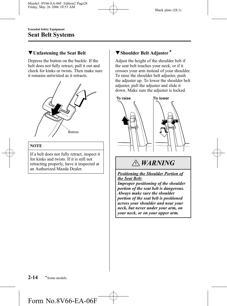 Warning, Seat belt systems | Mazda 2007 3 4-DOOR User Manual | Page 29 / 459