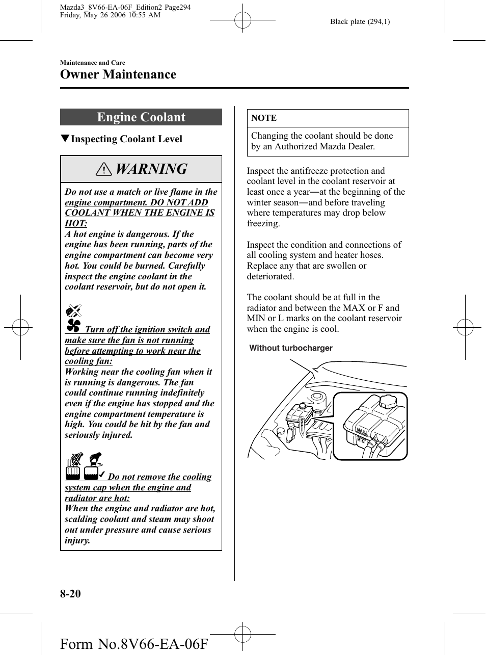 Engine coolant, Engine coolant -20, Warning | Owner maintenance | Mazda 2007 3 4-DOOR User Manual | Page 295 / 459