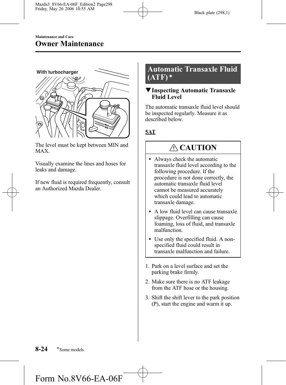 Automatic transaxle fluid (atf), Caution, Owner maintenance | Mazda 2007 3 4-DOOR User Manual | Page 299 / 459